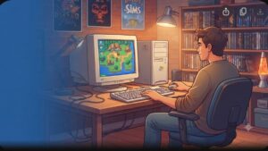 Иллюстрация эволюции компьютерных игр с элементами интерфейса Windows XP для блога о ретро-гейминге