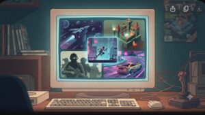 Современная иллюстрация с ретро-играми для Windows XP для статьи о забытых шедеврах гейминга