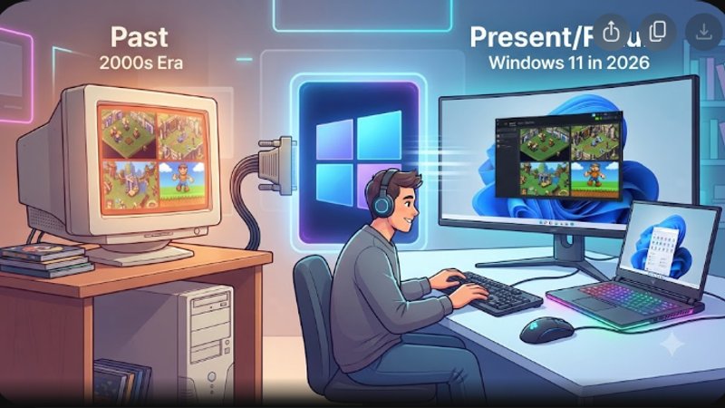 Современная иллюстрация с ретро-играми для ПК на фоне интерфейса Windows 11 для блога